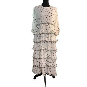 Ganni US 8 Polka Dot Tiered White Pleated Ruffle Recycled Polyr Tea Dress NWT